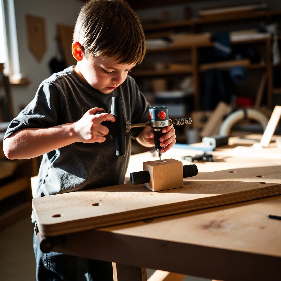 Kind werkt met gereedschap aan een houten project